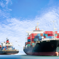 Container Cargo ship in the ocean with Birds flying
