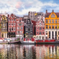 Amsterdam,Netherlands,Dancing,Houses,Over,River,Amstel,Landmark,In,Old