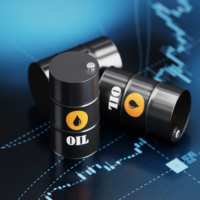 Oil Drums Sitting over Blue Financial Graph Background – Stock Market and Finance Concept